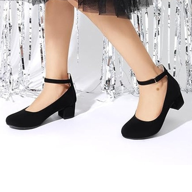 Dream Pairs Girls Size 2 Black Faux Suede Hook Loop Ankle 1.75" Block Heel Shoes