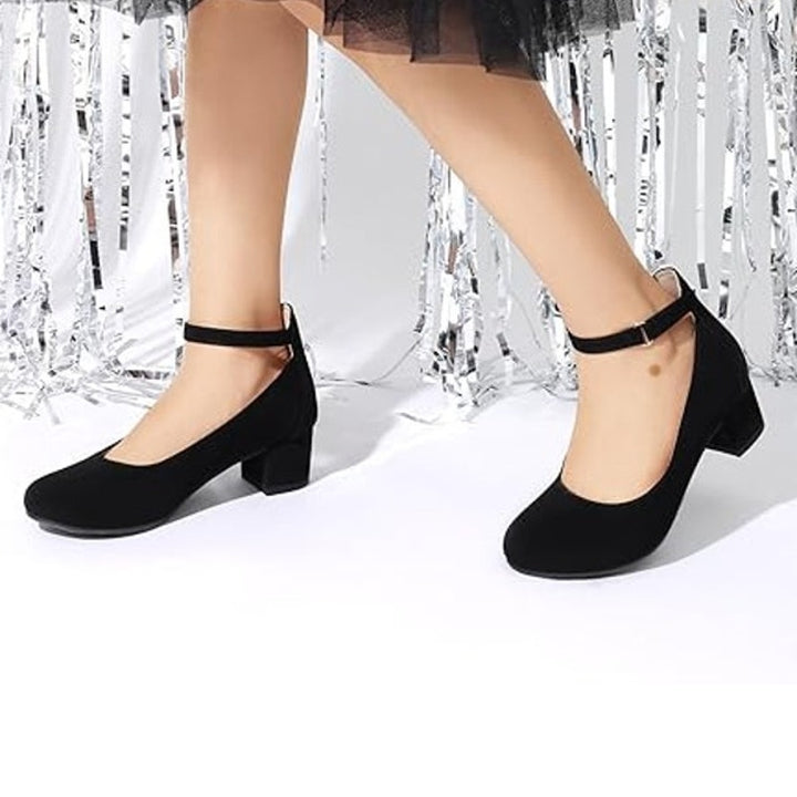 Dream Pairs Girls Size 2 Black Faux Suede Hook Loop Ankle 1.75" Block Heel Shoes