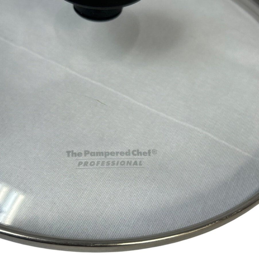 The Pampered Chef Professional Black 10" Round Handle Clear Glass Pot Lid
