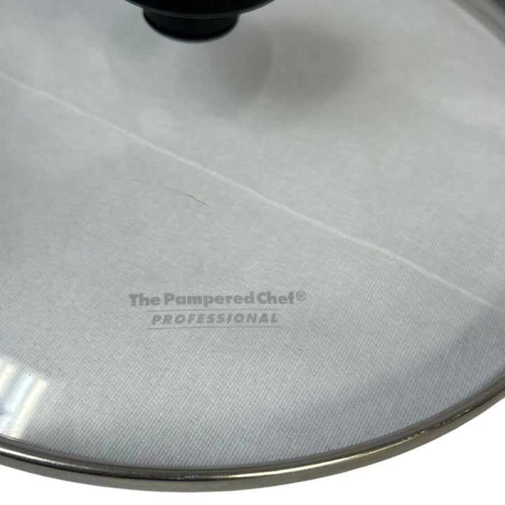 The Pampered Chef Professional Black 10" Round Handle Clear Glass Pot Lid
