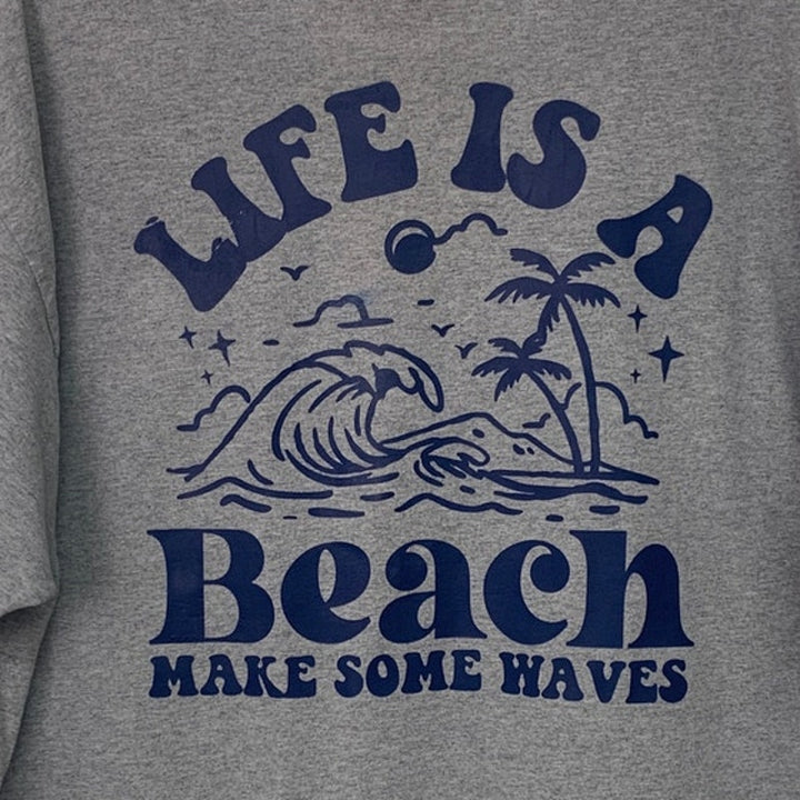 Upcycled Hand Printed Mens XL Life Is A Beach Make Some Waves Crew Neck Tee