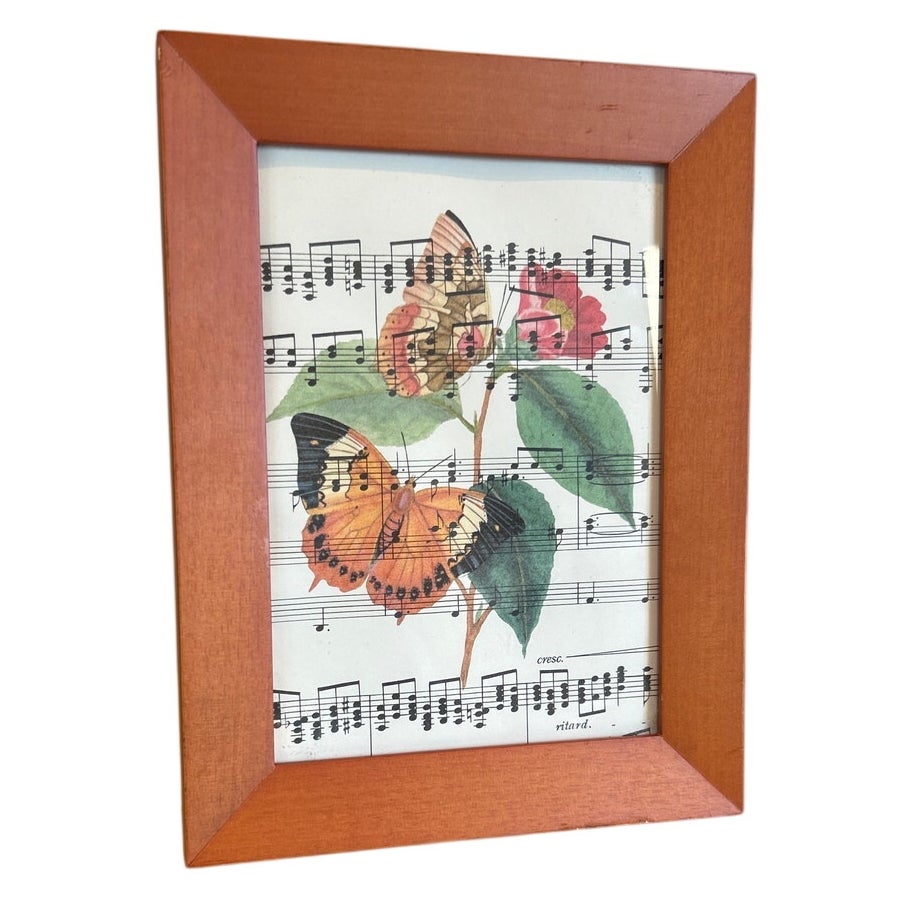 Handmade Upcycled Vintage Sheet Music Orange Pink Butterfly Flowers Framed Art