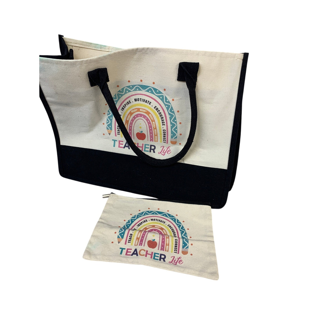 Womens Teacher Life Rainbow Inspire Motivate Zip Close Mini Bag Tote Bag w Flaw