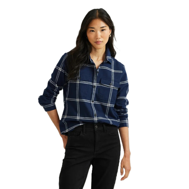 New Eddie Bauer Womens Navy Blue White Plaid Stine&