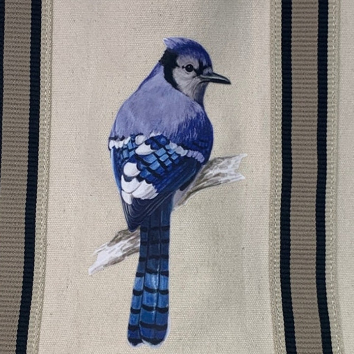 Upcycled Hand Printed Blue Jay Bird Canvas Double Handle Shoulder Tote Bag