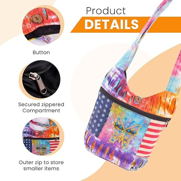 Laliguras Womens Boho Tie Dye Patch Work Button Zipper Close Crossbody Tote Bag