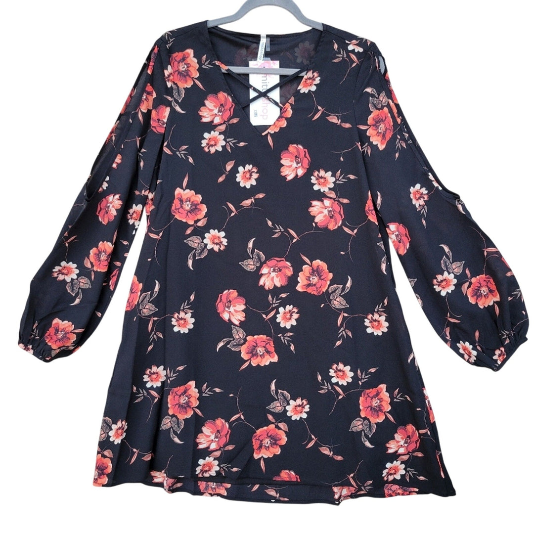 NWT New Womens Small 100% Polyester Floral V Neck Long Slit Sleeve Mini Dress