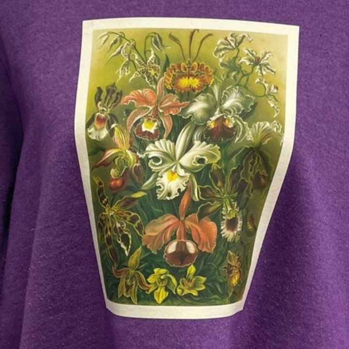 Hand Printed Upcycled Womens 2XL Vintage Orchid Botanical Flower Sweatshirt