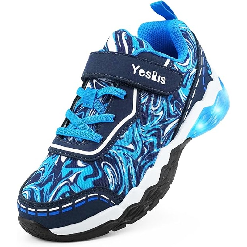 Yeskis Boys Size 3 Blue Swirl Light Up Hook Loop Elastic Lace Slide On Shoes