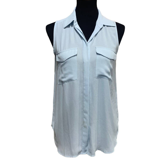 Ann Taylor XS Sleeveless Polyester Solid Pale Blue Button Up Collared Tank Top