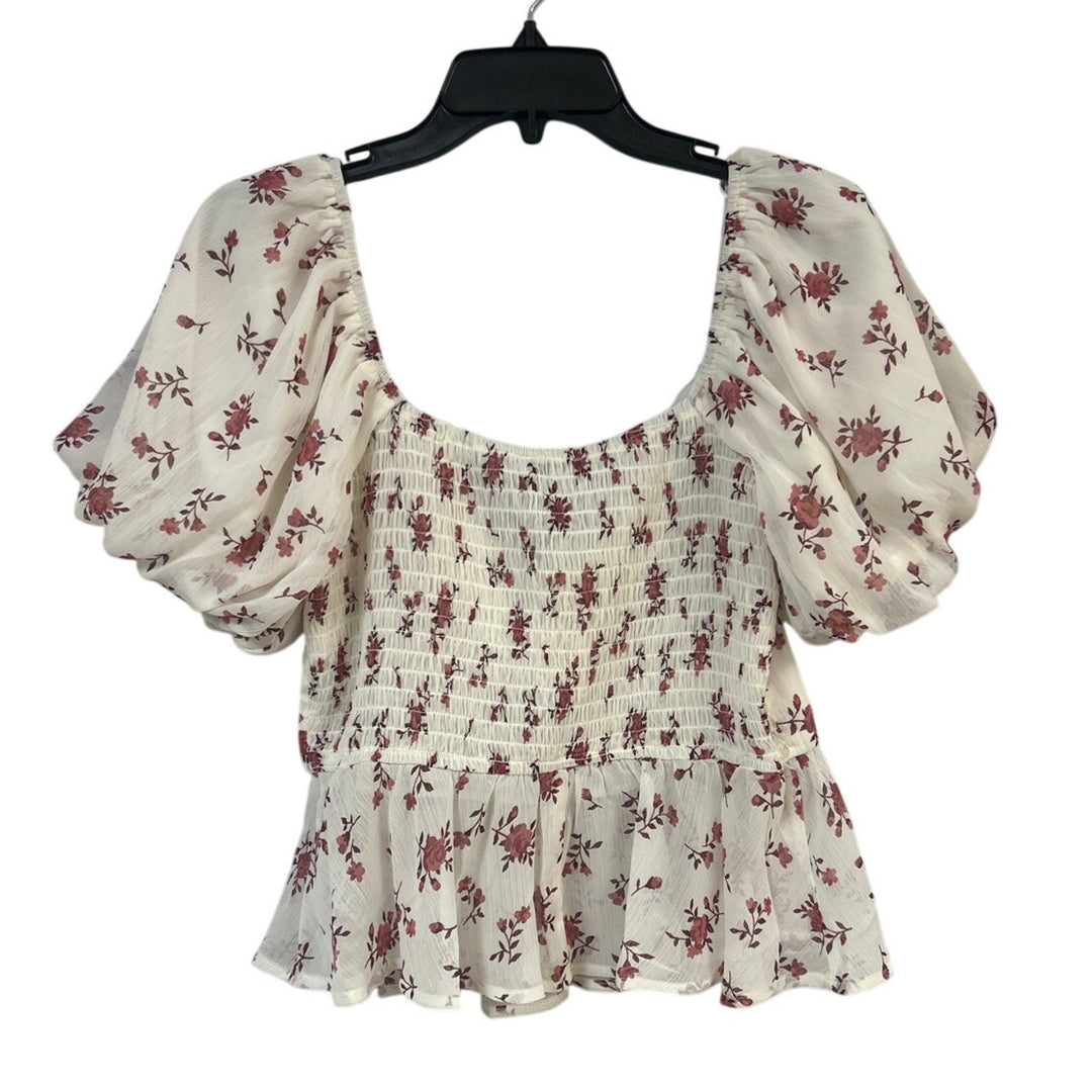 New Francescas Womens XS Cream Pink Floral Boho Blouson Cottage Smocked Top