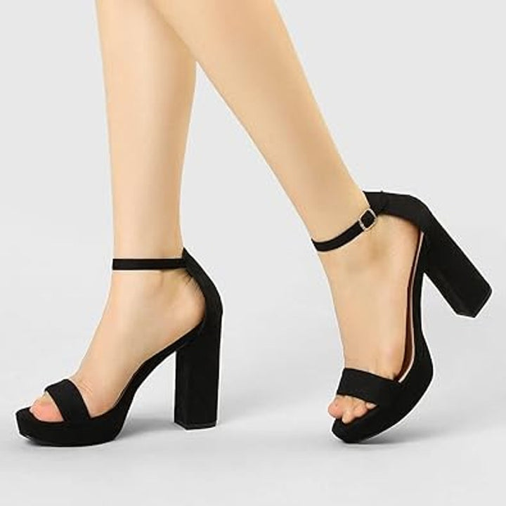 Allegra K Womens 6 Black Faux Suede Ankle Strap Platform Chunky 4" Heels