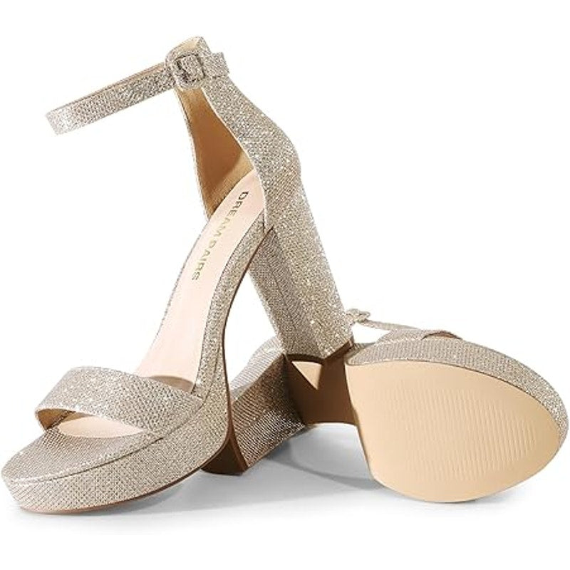 New Dream Pairs Womens 7.5 Gold Glitter Open Toe 4" Block Heel Ankle Strap Shoes