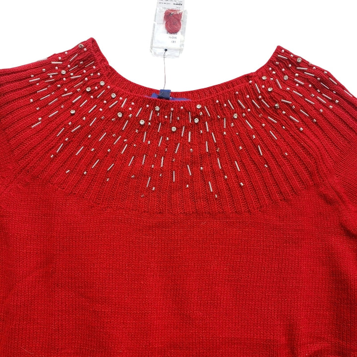 NWT New Apt 9 Womens Medium Red Metallic Long Sleeve Beaded Neck Knit Sweater