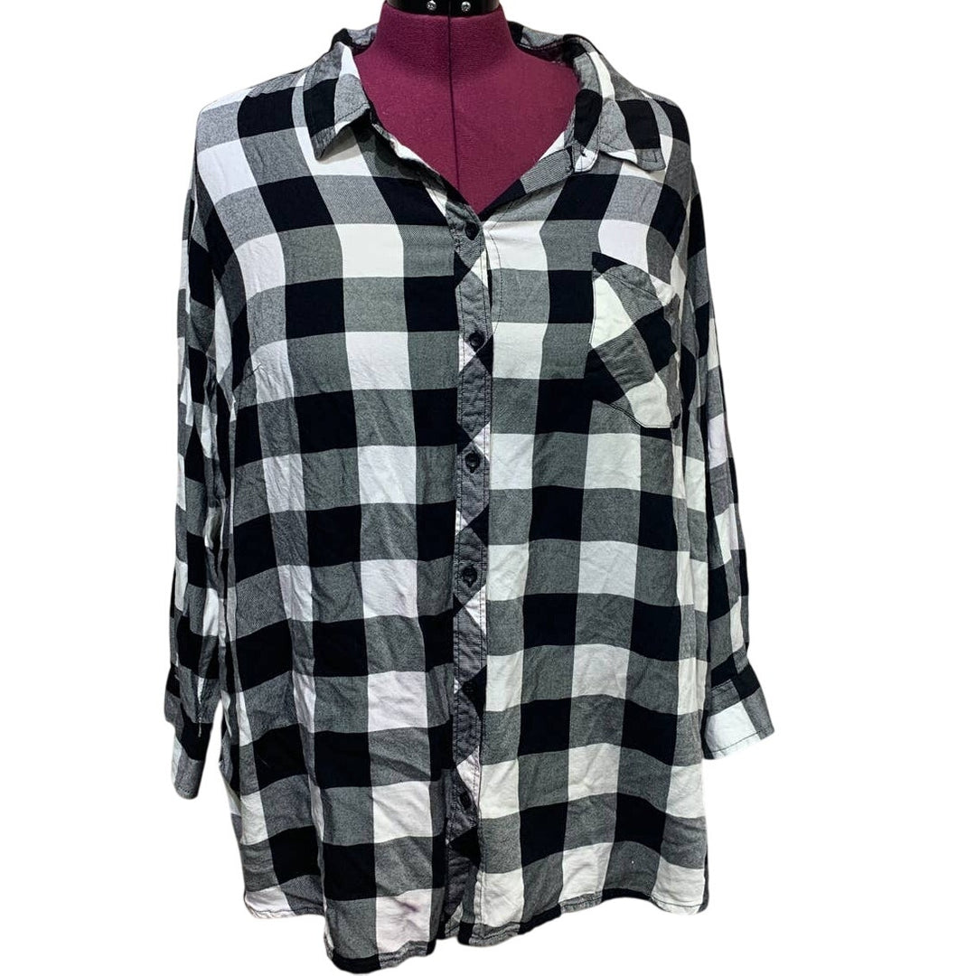Old Navy Womens Plus Size 3X Half Button Front Plaid Long Sleeve Shirt