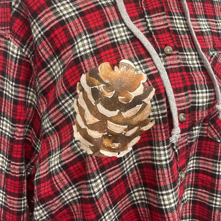 New Hand Printed Womens Small Rustic Pine Cone Long Sleeve Plaid Flannel Hoodie