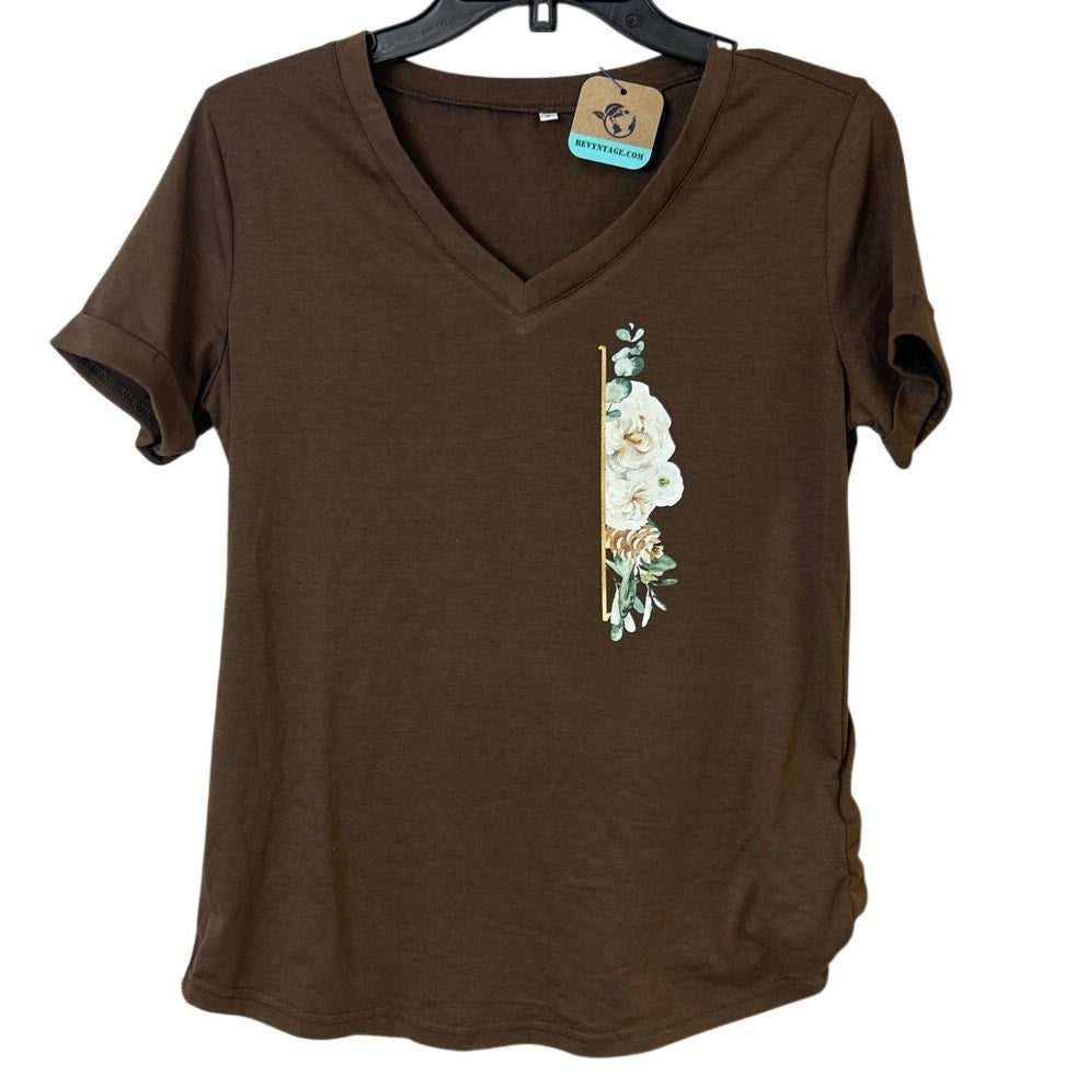 New Hand Printed Womens Small Floral Stripe Short Sleeve V Neck Tee Shirt