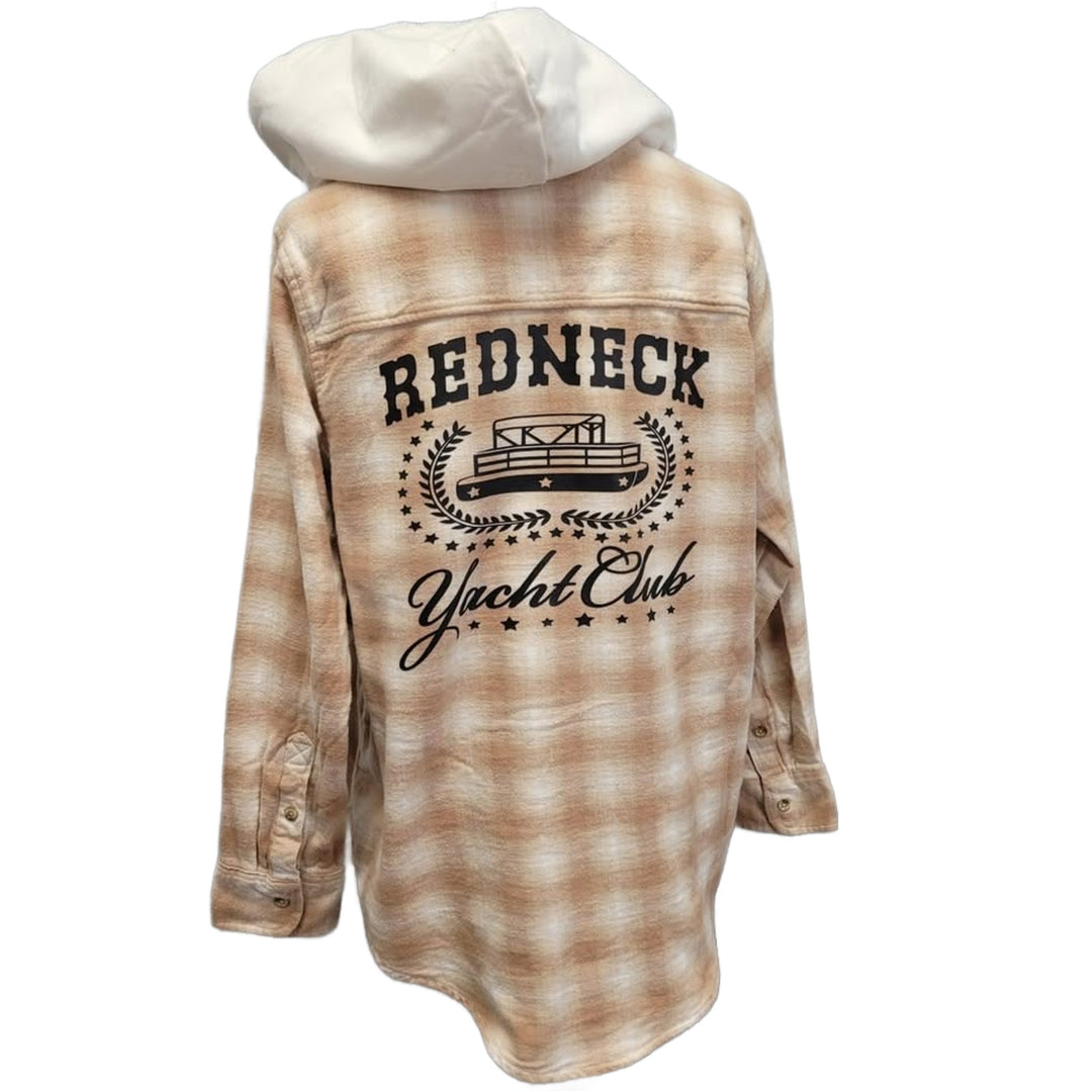 New Hand Printed Womens Medium Redneck Yacht Club Long Sleeve Flannel Hoodie