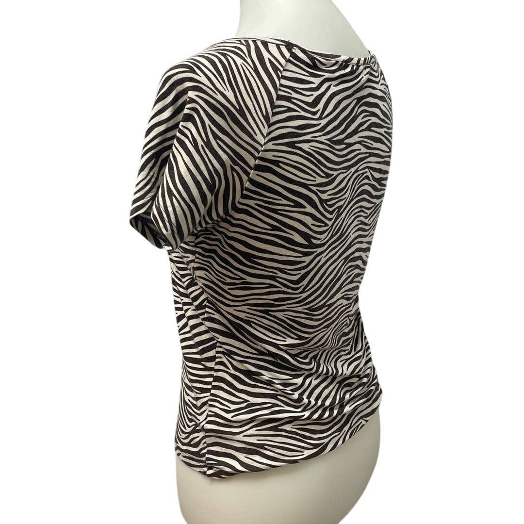 Michael Kors Womens Medium Zebra Stripe Short Sleeve Stretchy Rayon Blend Top