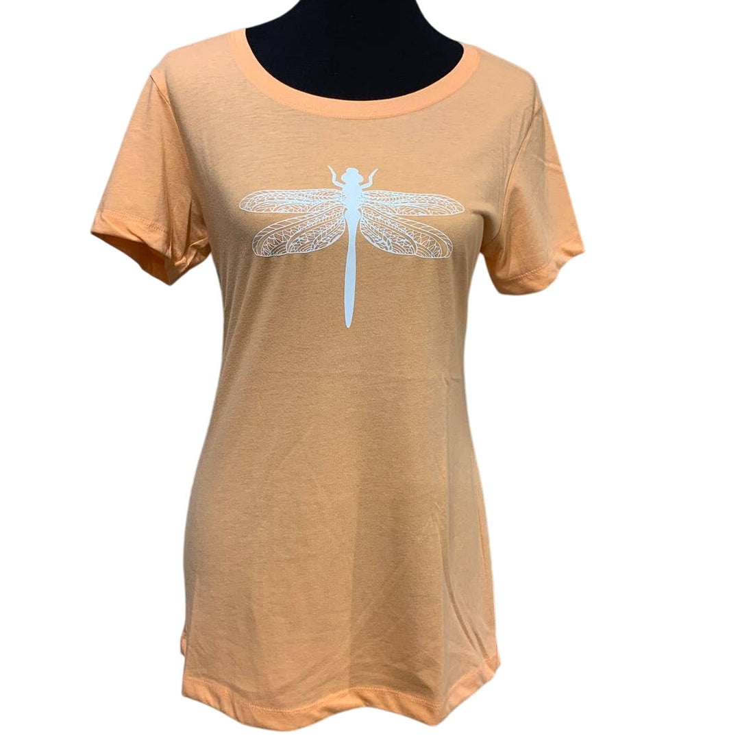 New Hand Printed Womens Medium Dragonfly Short Sleeve Cotton Blend Crew Neck Tee