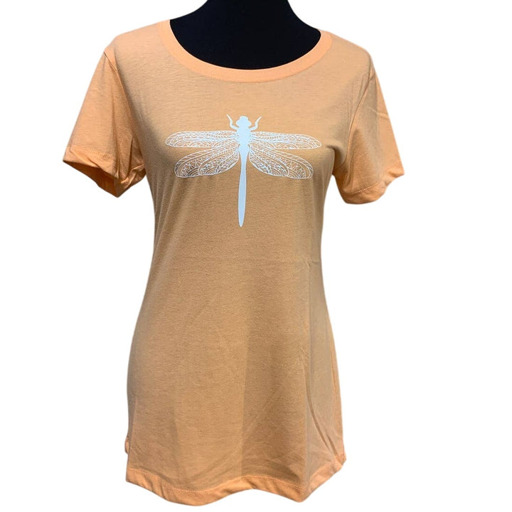 New Hand Printed Womens Medium Dragonfly Short Sleeve Cotton Blend Crew Neck Tee