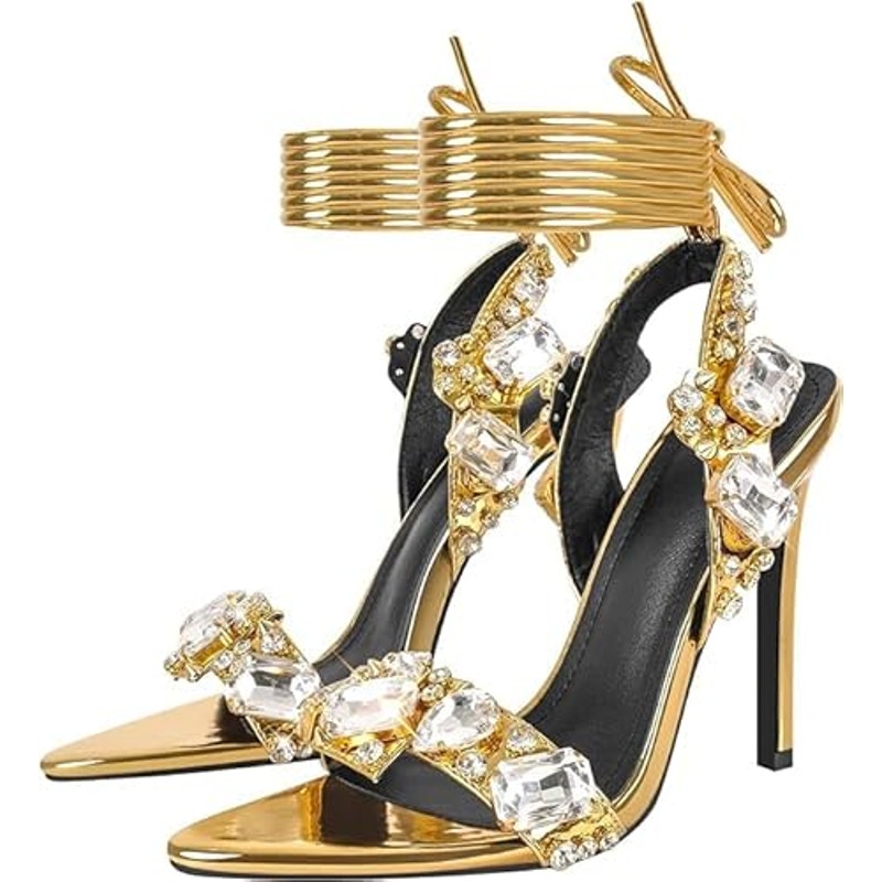 Kluolandi Womens Size 9.5 Gold Shiny Jewel Ankle Strap 5" Heel Shoes Missing Gem