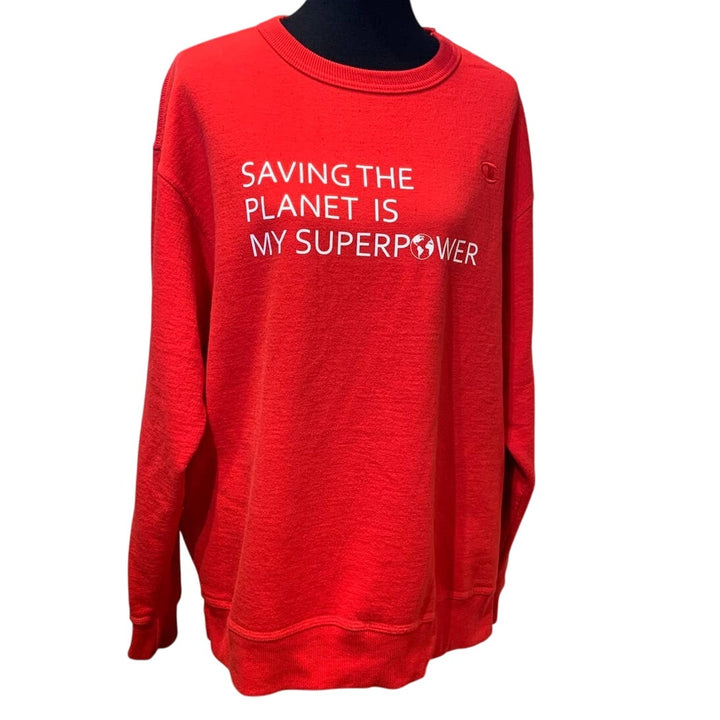 Hand Printed Upcycled Mens XL Saving Planet Superpower Long Sleeve Sweatshirt