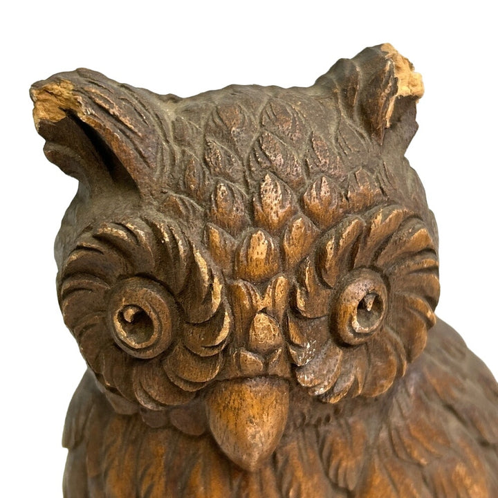 Vintage Carved Wooden Owl on Tree Branch Bookends w Chipped Ear Crack
