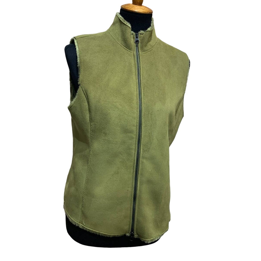 Real Clothes Size 6 Olive Green Super Soft Faux Fur Suede Full Zip Vest Jacket