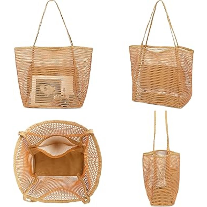 New Fammart Tan Double Handle Interior Zip Pocket Foldable Mesh Beach Tote Bag