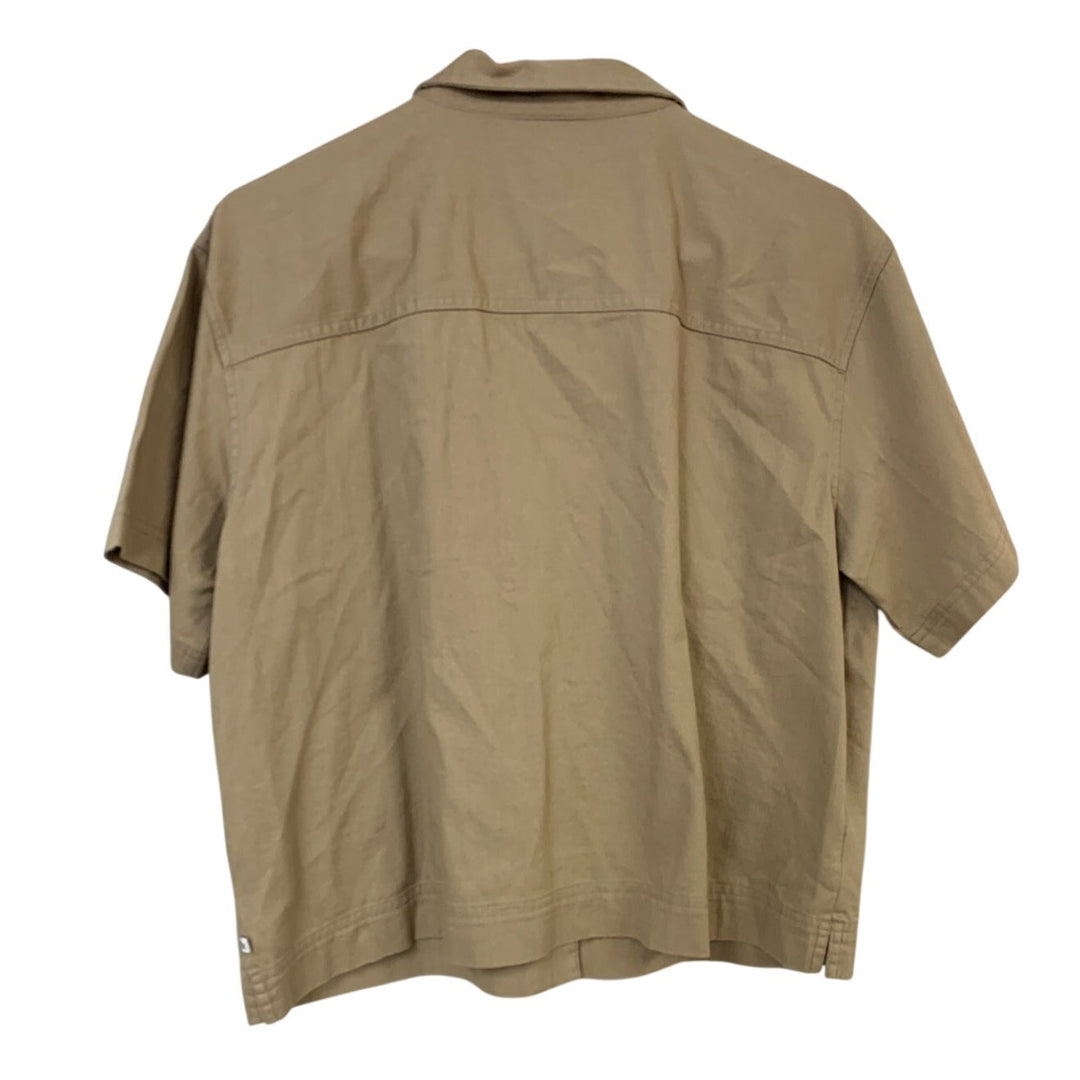 New Eddie Bauer Womens Medium Tan Everyday Cotton Short Sleeve Button Up Shirt