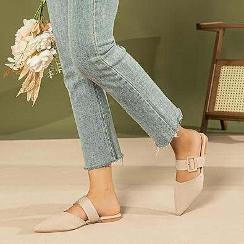 Meknitva Womens 9.5W Wide Tan Pointed Toe Mule Flat Slip On Sandal Shoes