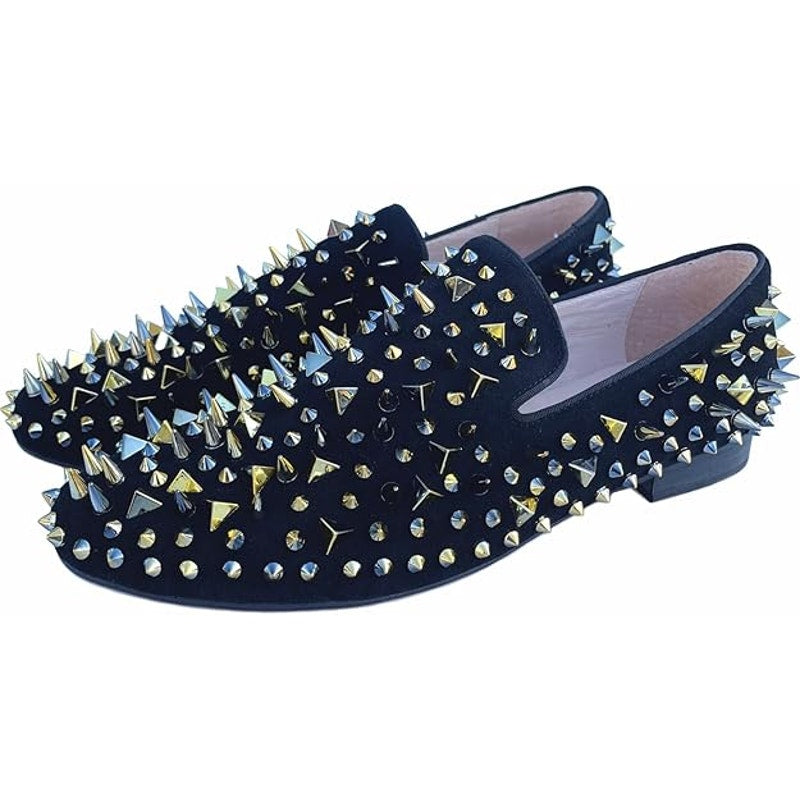 Justar Mens 11 Black Suede Leather Gold Spikes Studded Loafer Slide On Shoes