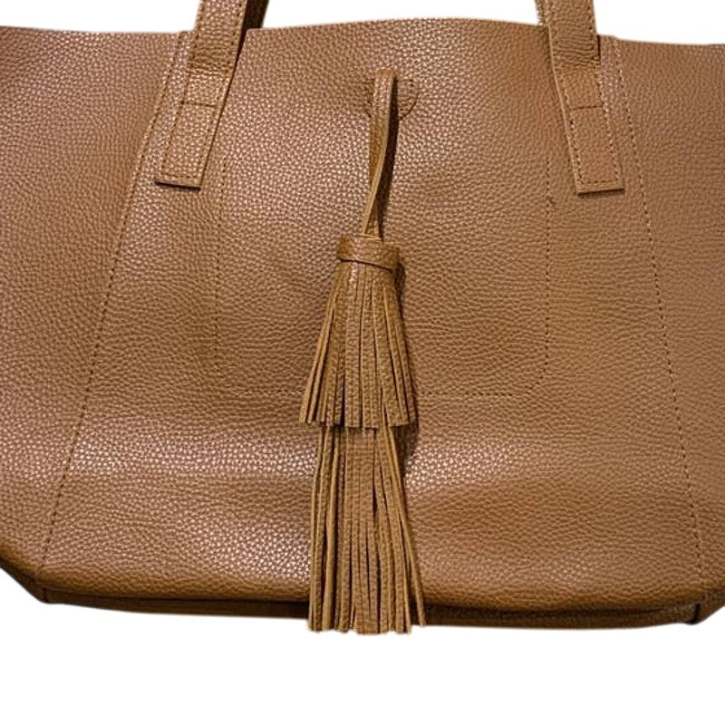 Nice Tanger Basic Cognac Brown Faux Pebbled Leather PVC Large Handbag w Tassel