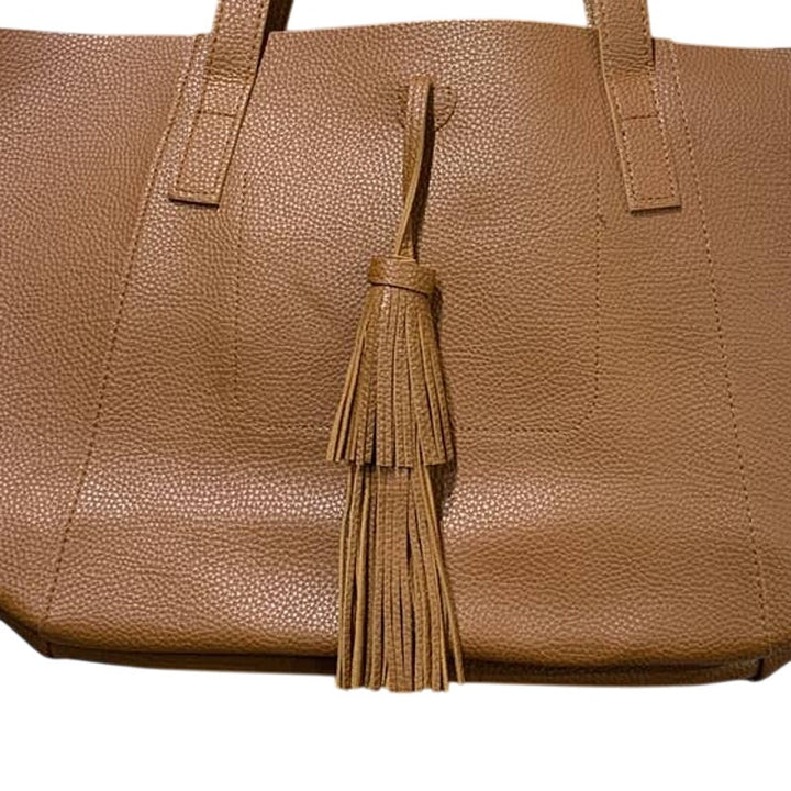 Nice Tanger Basic Cognac Brown Faux Pebbled Leather PVC Large Handbag w Tassel