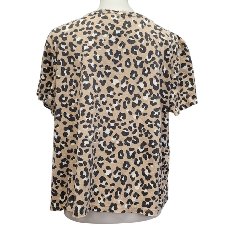 Hand Printed Upcycled Womens XL Sun Kissed Lips Leopard Print Short Sleeve Shirt