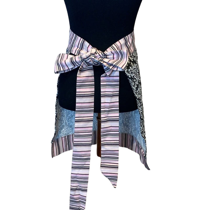 Cute Handmade Black White Toile Floral Pink Stripe Kitchen Craft Bow Tie Apron