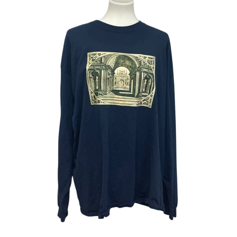 Hand Printed Mens 2X Upcycled Architecture Columns Castle Long Sleeve Tee Shirt