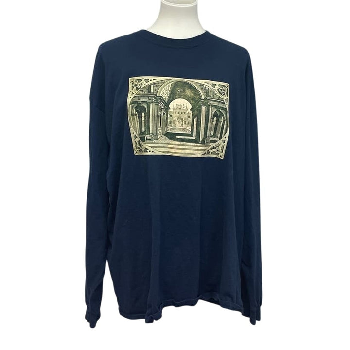 Hand Printed Mens 2X Upcycled Architecture Columns Castle Long Sleeve Tee Shirt