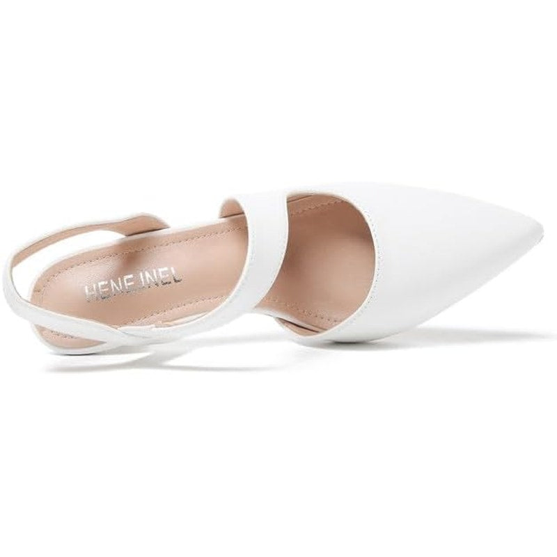 Henejnel Womens Size 9.5 White Faux Leather Closed Toe 2.5" Heel Slingback Shoes