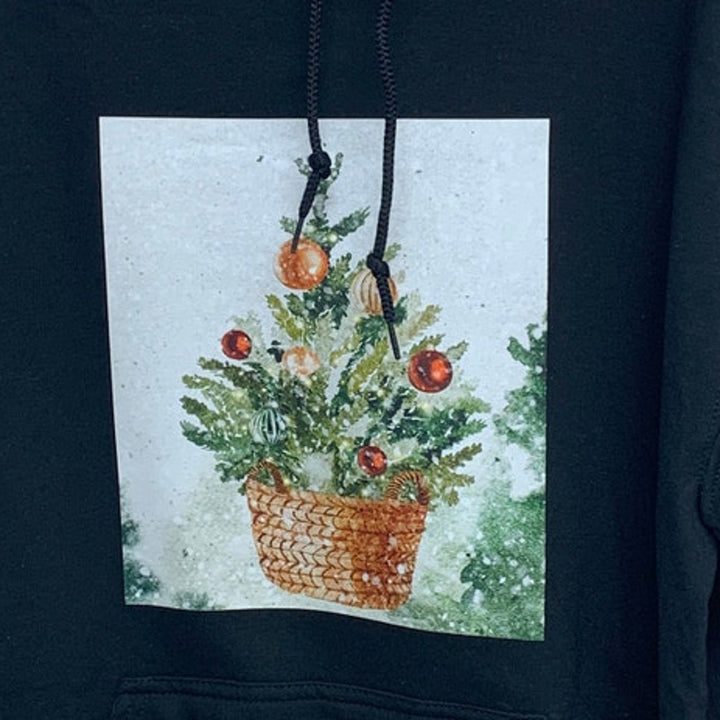 New Hand Printed Womens 2XL Christmas Tree Holiday Long Sleeve Hoodie Sweatshirt