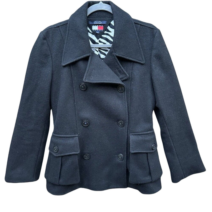 Tommy Hilfiger Womens Medium Black Double Breasted Polyester Wool Blend Pea Coat