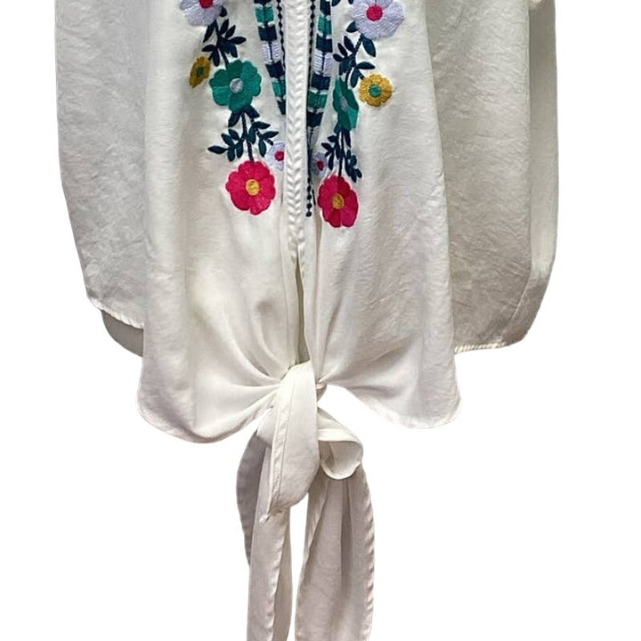 FSL + Apparel Medium Floral Embroidered Deep V-Neck Short Sleeve Polyester Top
