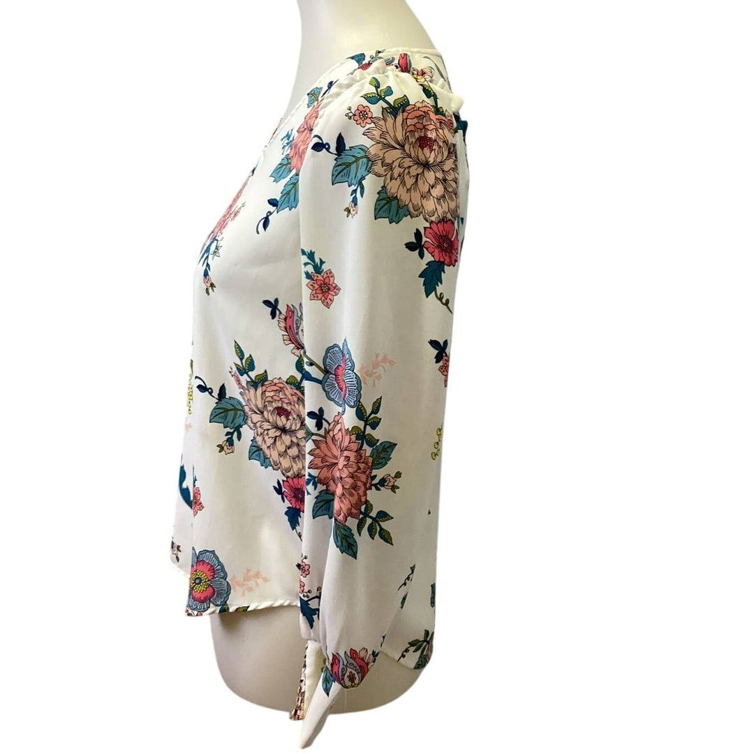 LOFT Petites XXSP Long Sleeve V-Neck Ruffled Shoulder Floral Polyester Blouse