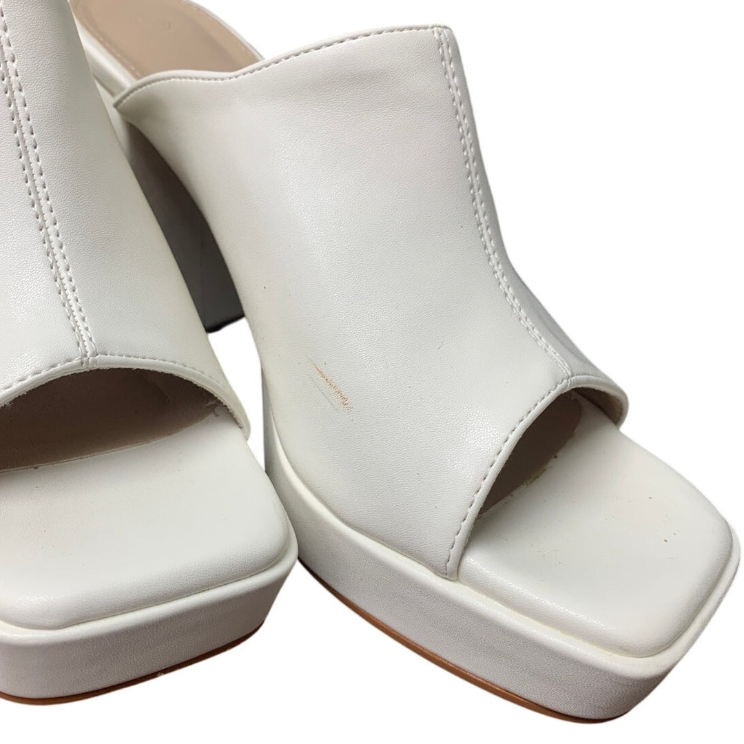 Coutgo Womens 6.5 White Faux Leather Open Toe 4" Block Heel Slide On Mule Shoes