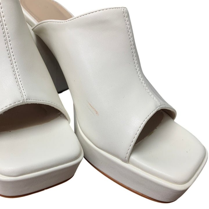 Coutgo Womens 6.5 White Faux Leather Open Toe 4" Block Heel Slide On Mule Shoes