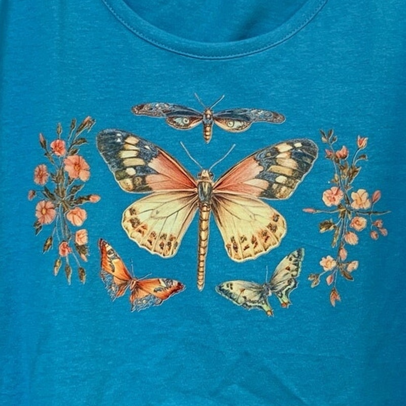New Hand Printed Womens Small Blue Orange Vintage Butterfly Floral Tank Top