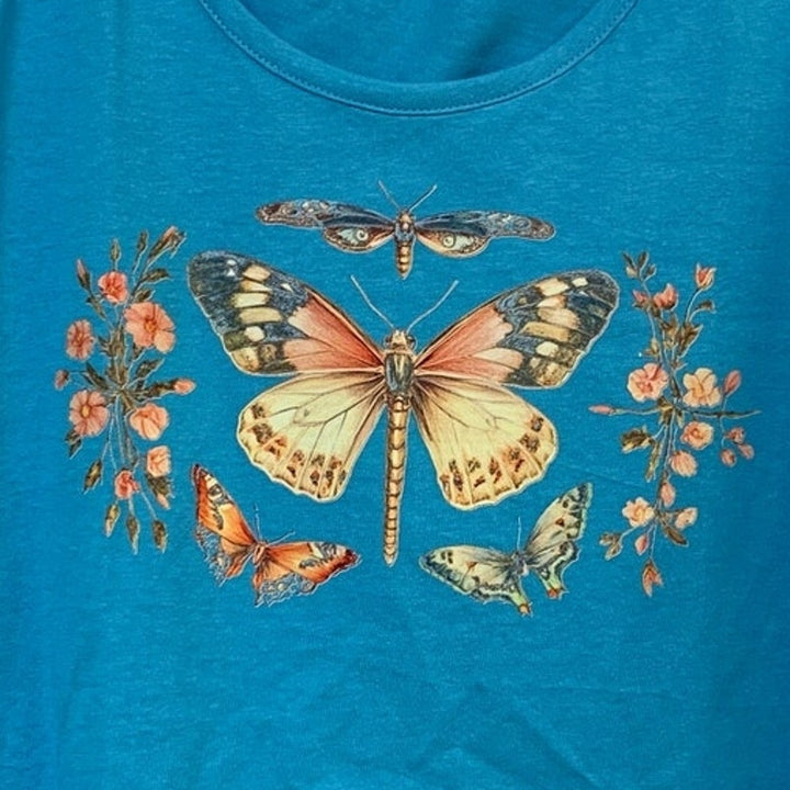 New Hand Printed Womens Small Blue Orange Vintage Butterfly Floral Tank Top