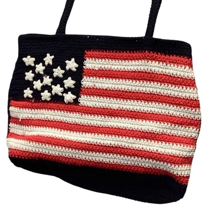 USA Patriotic American Flag Woven Stretch Cord Small Zipper Close Purse Handbag