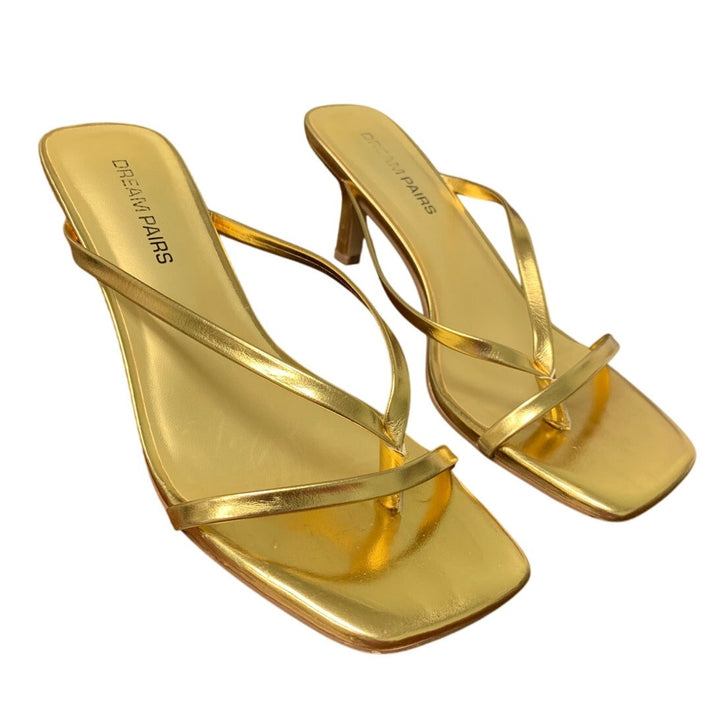 Dream Pairs Womens Size 8.5 Gold Open Toe Thong Slide On 3" Heel Sandal Shoes